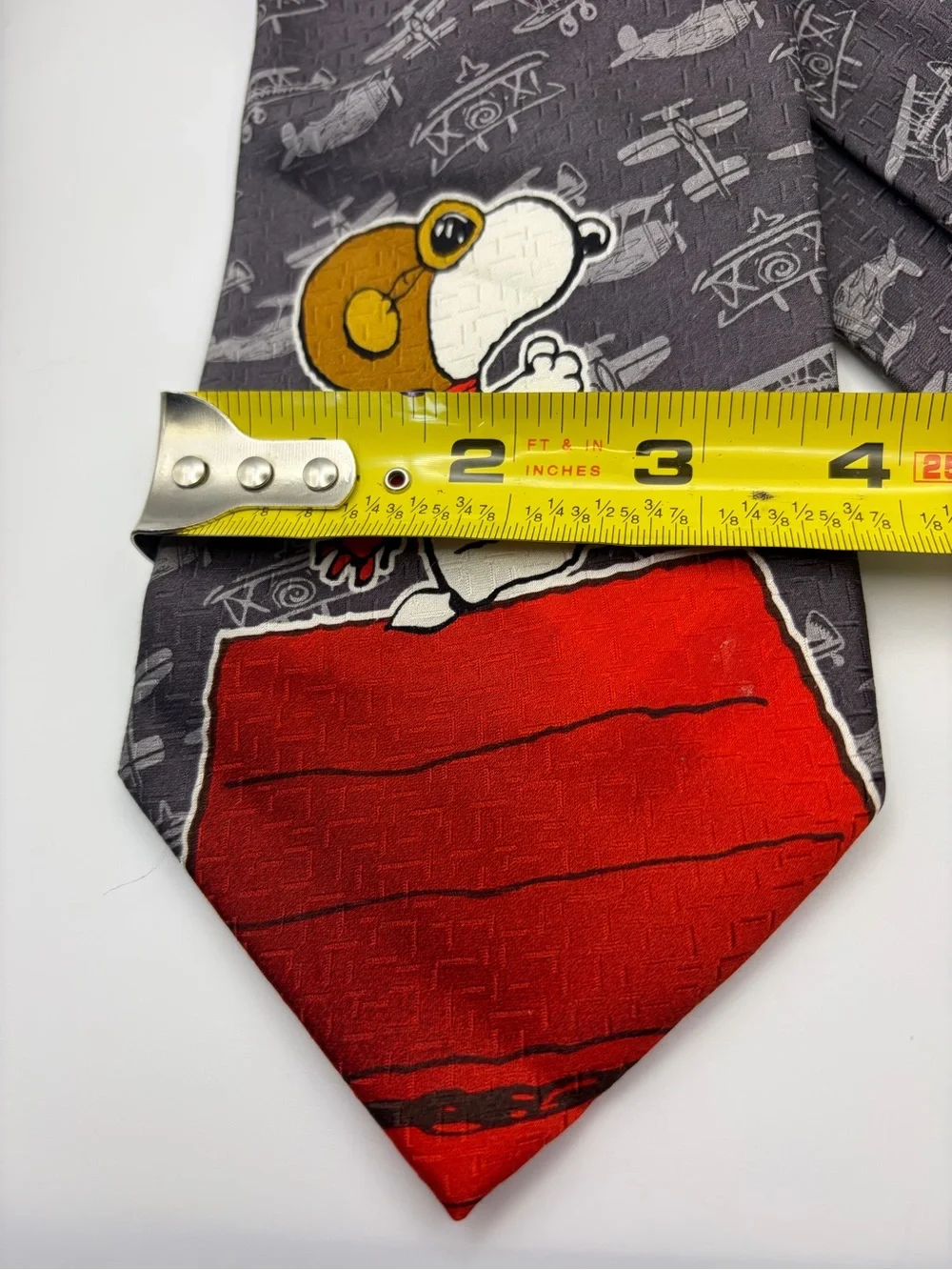 Peanuts Snoopy Flying Ace Silk Tie Gray Airplane Aviation Necktie 3.5”